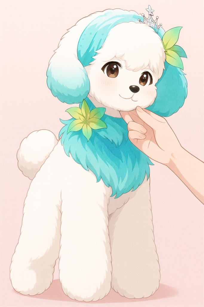 Caniche Mediano Blanco con Corte Estilo Asian Style con un estilo totalmente anime.