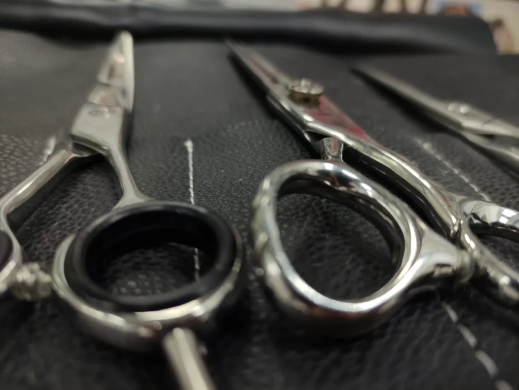 Tijeras profesionales de peluquería canina sobre fondo neutro, usadas para cortes de precisión.